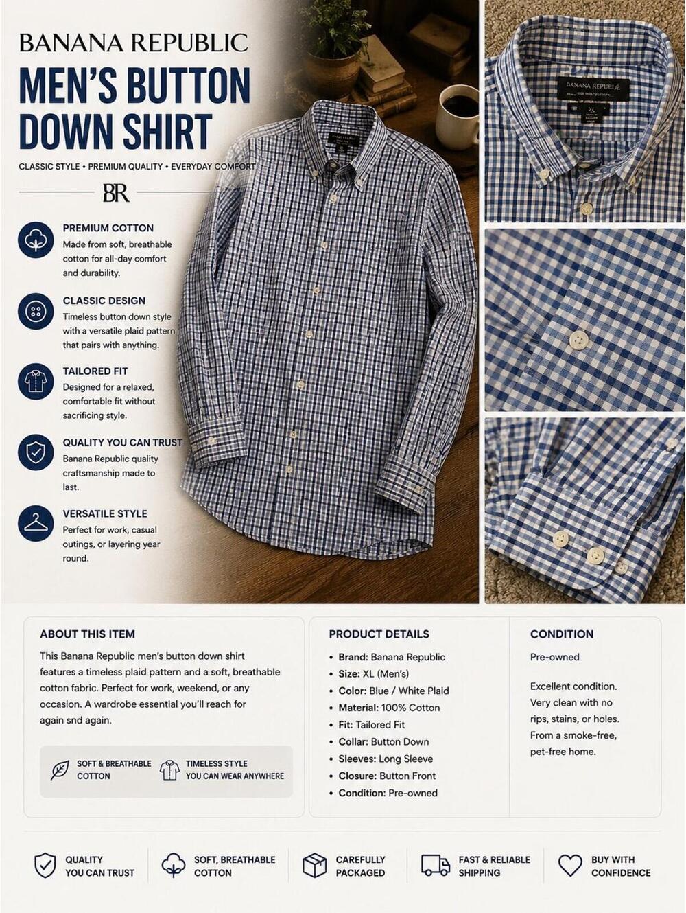 Banana Republic Men’s XL Button Down Shirt – Blue White Plaid Long Sleeve